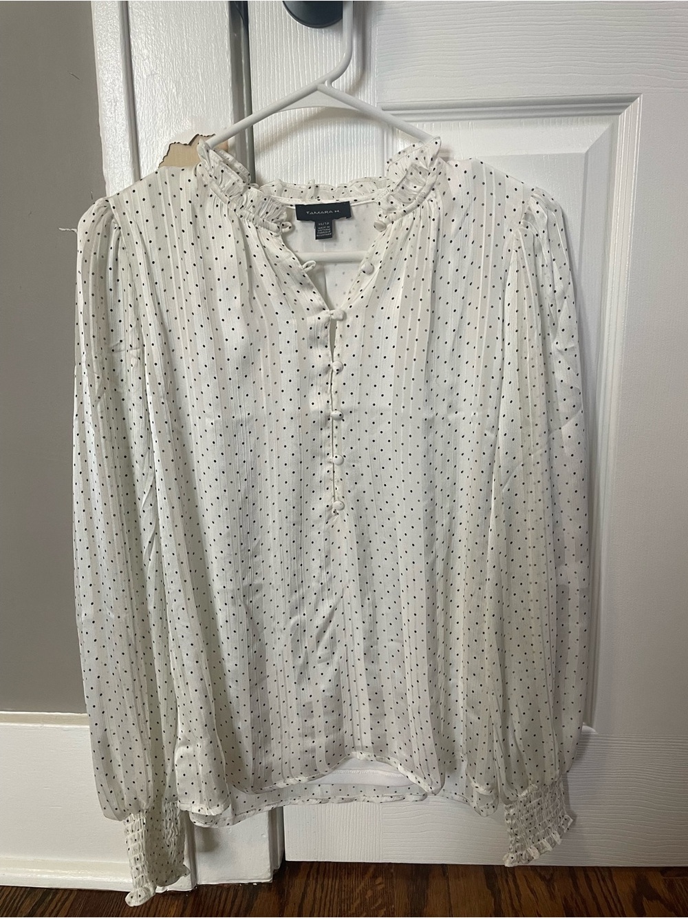 Light Cream Polka-Dot Ruffle Neck Blouse